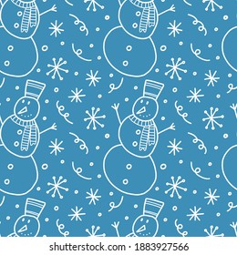 Doodle winter seamless pattern. Cute snowmen and snowflakes, festive hand drawn new year print white elements on blue background decor textile, wrapping paper wallpaper vector texture