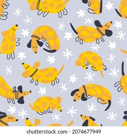 Doodle winter seamless pattern with spotted dachshunds and snowflakes. Perfect for T-shirt, postcard, textile and print. Hand drawn vector illustration for decor and design.

