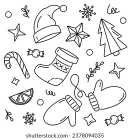 doodle winter set new year Сhristmas snowflakes star circle clothes Santa Claus hat Christmas tree candy paraphernalia twig branch mittens gloves isolated icon design banner postcard card ornate socks