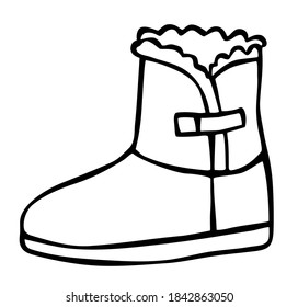 Doodle winter sheep skin boot hand drawn in line art style. with ink brush. Vector illustration isolated on white background