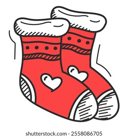 Doodle winter socks icon vector isolated. Cozy warm clothes. Red socks. hand-drawn illustration. Comfortable knitted stockings.