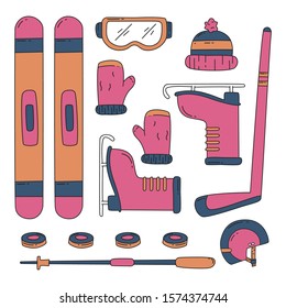 Doodle winter sport equipment icon set vector