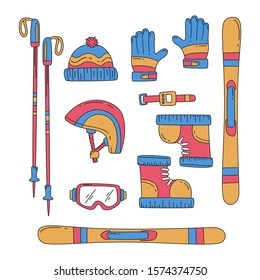 Doodle winter sport equipment icon set vector