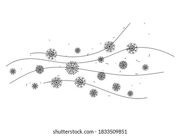 Doodle winter weather. Line art the wind carrying snowflakes.snowstorm. Fashion modern minimalistic outline illustration. Vector illustration isolated on white.For print,postcards,posters,book picture