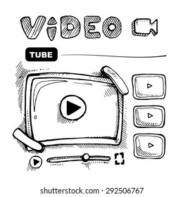 doodle wireframe of video player. Web page template. Vector picture