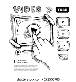 doodle wireframe of video player. Web page template. Vector sketch