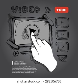 doodle wireframe of video player. Web page template. Vector sketch on dark background