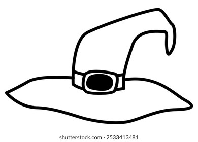 Doodle Witch hat. Hand drawn Halloween witch hat. Cartoon Halloween costume. Vector simple flat line illustration isolated on white background.