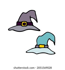 Doodle witch hats set. Hand-drawn details of masquerade festive costume isolated on white background. Vector illustration for Halloween, trick or treat party, mystical paranormal design, creepy print
