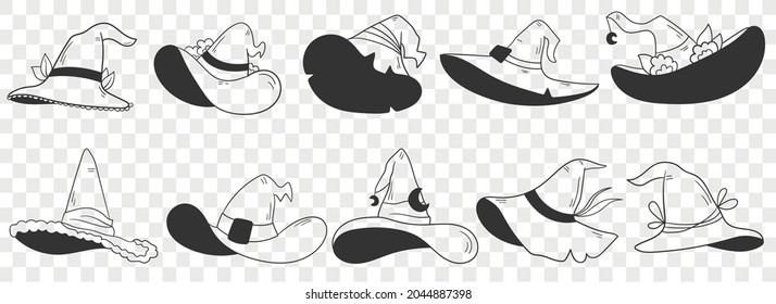 Doodle witch hats set. Witch hat collection. Halloween costume element. Halloween set