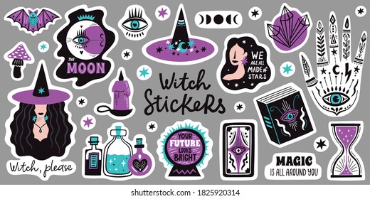 Doodle Witchcraft Magical Stickers. Occult Magic Hand, Witch Mystical Symbol, Witchcraft Hand Drawn Arms With Moon And Crystal Illustration Icons Set. Spiritual Witchcraft, Mystic Esoteric Elements.