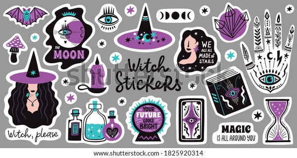 Doodle witchcraft magical stickers. Occult\
magic hand, witch mystical symbol, witchcraft hand drawn arms with\
moon and crystal illustration icons set. Spiritual witchcraft,\
mystic esoteric\
elements.