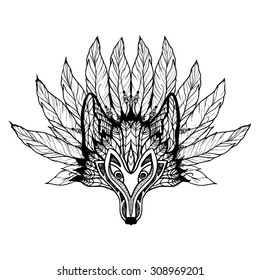 Doodle wolf mask with decorative pattern and feathers vector illustration