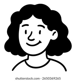 Doodle woman avatar with curly hair in hand drawn style. Black line vector illustration isolated on transparent background. Stock vector illustration in hand drawn style.
