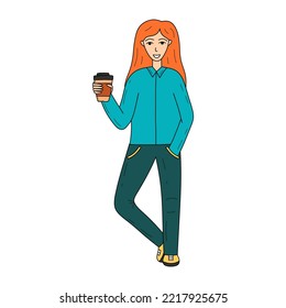 Doodle woman with cup of coffee vector isolated illustration. Smiley female with red hair and positive vibe. Work life balance concept person. Relaxing time.