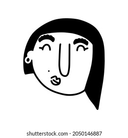 Doodle woman face. Hand-drawn outline human isolated on white background. Funny Avatar. Cartoon girl. Female beautiful portrait. Bob Hairstyle, earrings, lips, positive emotions. Vector illustration