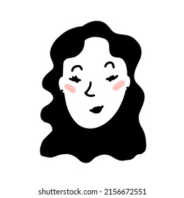 Doodle woman face. Hand-drawn outline human isolated on white background. Funny smiling Avatar. Cartoon curly girl. Female portrait. Beautiful hairstyle, emotions, cheekbones. Vector illustration