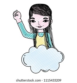 doodle woman with hand protest up and cloud style