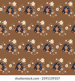Doodle Woman Head Portrait Seamless Pattern Background Modern Fashion Textile Fabric Surface Print Seamless Swatch.