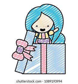 doodle woman with long hairstyle inside present gift
