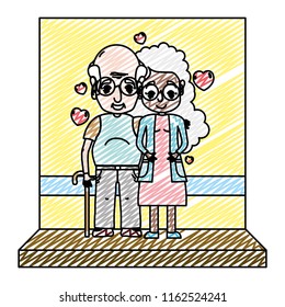 doodle woman and man elderly couple with hearts