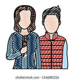doodle woman and man partner reporters conference