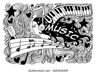 Doodle of Woman with music background.