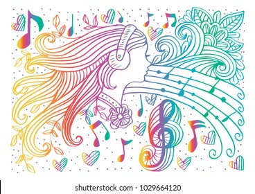 Doodle of Woman with music background.