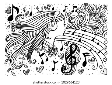 Doodle of Woman with music background.