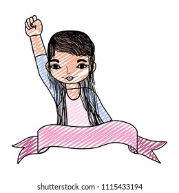 doodle woman with protest hand up and ribbon style