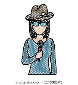 doodle woman reporter news with hat and microphone