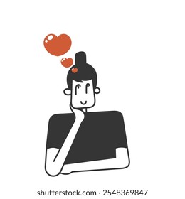 doodle woman think love heart in the head drawing style