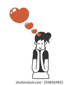 doodle woman think love heart in the head drawing style