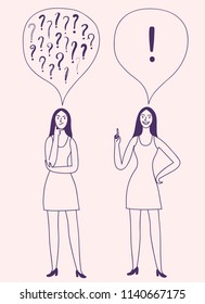 Doodle woman thinking and having an idea. Question and answer cartoon illustration for your design. 