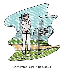 doodle woman with uniform playing golf sport
