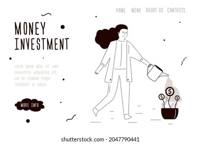 Doodle woman watering money tree. Employee investing and saving cash. Money deposit. Concept of investment and finance management. Template, landing page. Line art and hand drawn. Vector illustration