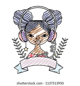 doodle woman wear headphones accessory with branches and ribbon