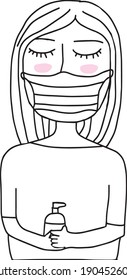 Doodle Woman is wearing face mask and holding a bottle of alcohol gel for protect coronas virus or Covid 19 disease infection. The Illustration is hand draw outline vector cartoon for health care  