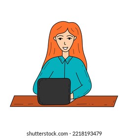 Doodle woman working with laptop vector isolated illustration. Smiley female with red hair and positive vibe. Work life balance concept person. Work from home and freelance. Online courses.