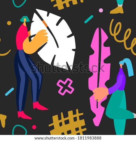 Doodle womand with leaves seamless pattern on black background