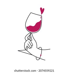 Doodle woman's hand holding a glass of red wine. Wine lovers, wine festival concept. Flat vector illustration with female handholding wineglass. Trendy print design.