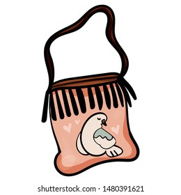 Doodle women bag with fringe for leisure and shopping. Casual summer accessory in grey with handle, genuine leather or leatherette. Image of a dove on a bag. Vector illustration. Square composition. 