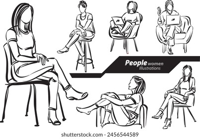 doodle women girl young sitting down woman vector illustration