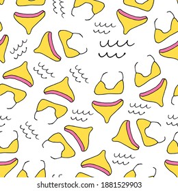 Doodle Women swimsuit seamless pattern. hand drawn drawing of a swimsuit isolated on a white background. Summer clothing for swimming Vector illustration