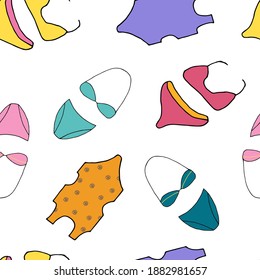Doodle Women swimsuit seamless pattern. hand drawn drawing of a swimsuit isolated on a white background. Summer clothing for swimming Vector illustration