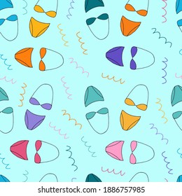 Doodle Women swimsuit seamless pattern. hand drawn drawing of a swimsuit isolated on a white background. Summer clothing for swimming Vector illustration