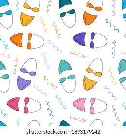 Doodle Women swimsuit seamless pattern. hand drawn drawing of a swimsuit isolated on a white background. Summer clothing for swimming Vector illustration
