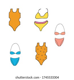 Doodle Women swimsuit set. hand drawn drawing of a swimsuit isolated on a white background. Summer clothing for swimming Vector illustration