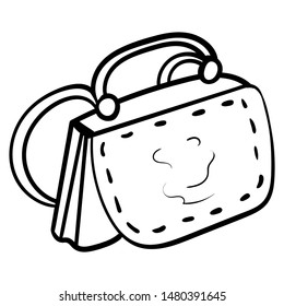 Doodle women's bag for leisure and shopping. Coloring for children, leisure, antistress. Doodle. Cartoon clip art accessory for travelers. Casual summer accessory with handle. Vector illustration.