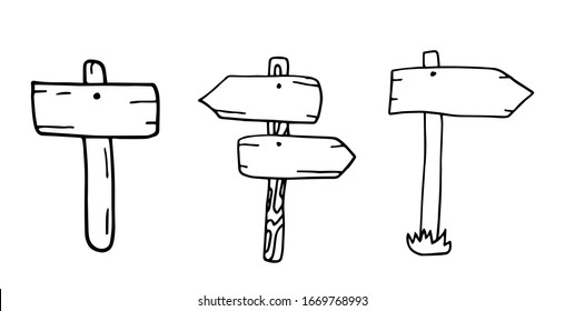 Doodle Wood Signs And Direction Arrows. Illustration of a set of hand drawn sketched design wood panels and road signs. vector isolated on white background